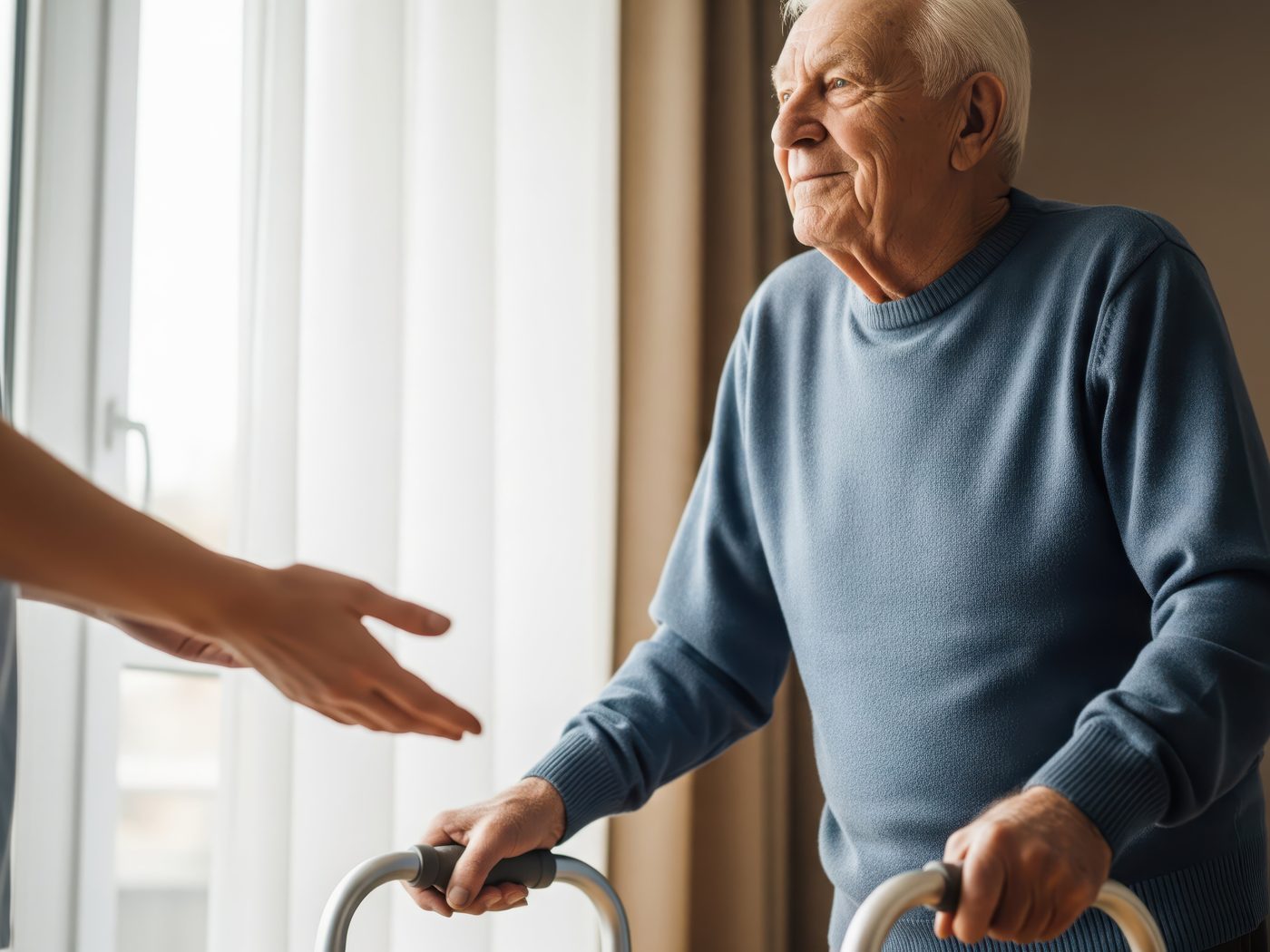 A caregiver offering a steadying hand to a senior man walking with his walker