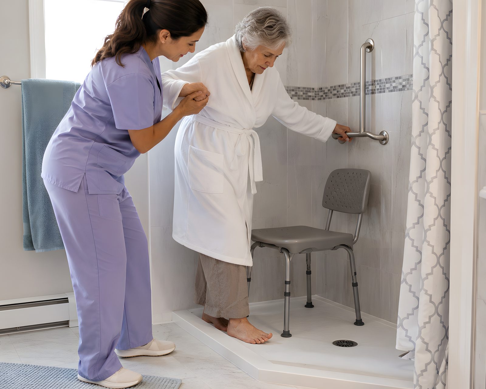 A caregiver steadying a senior woman as she steps into her walk-in shower