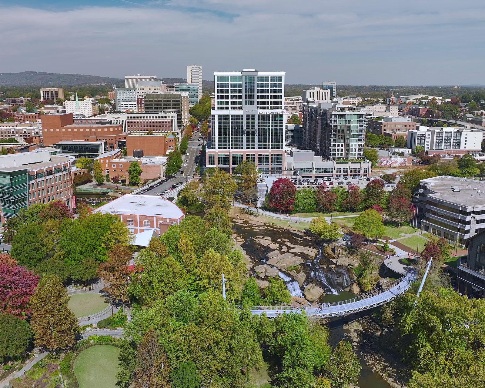 An aerial view of Falls Park on the Reedy and downtown Greenville, South Carolina