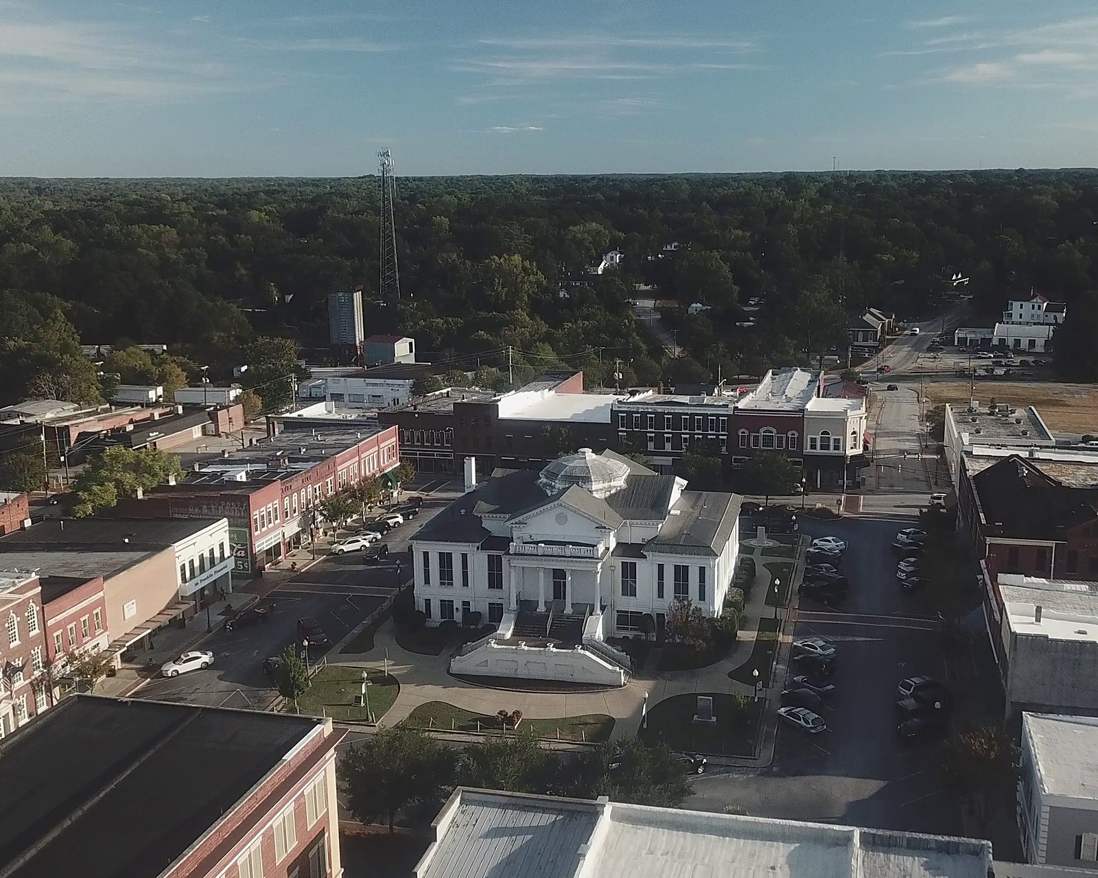 An aerial view of the historic town square in Laurens, South Carolina